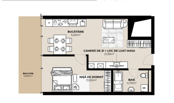 Apartament cu 2 camere, 44mp, intermediar, Semicentral