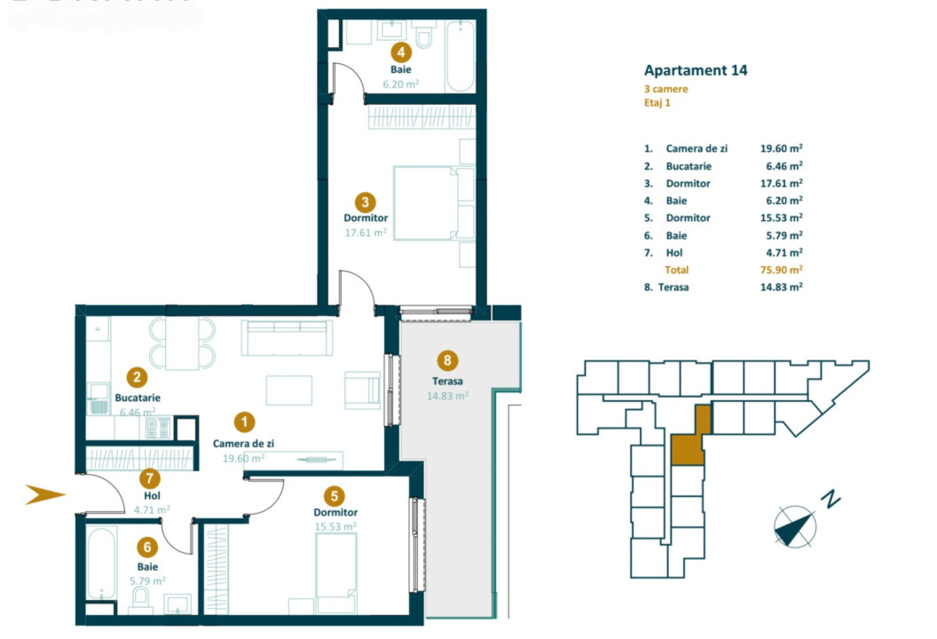 Apartament 3 camere, semifinisat, 75mp utili, Intre Lacuri