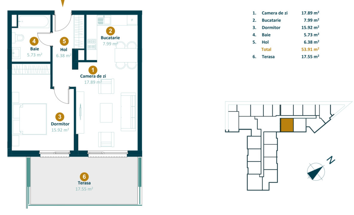 Apartament 2 camere, finisat, 53,9mp, 17mp terasa, Intre Lacuri