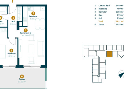 Apartament 2 camere, finisat, 53,9mp, 17mp terasa, Intre Lacuri
