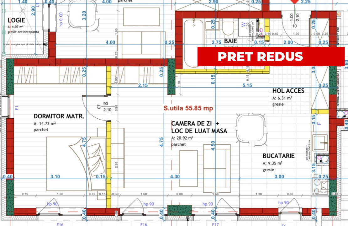 Apartament de 2 camere, 55.85mp, Zona Eroilor