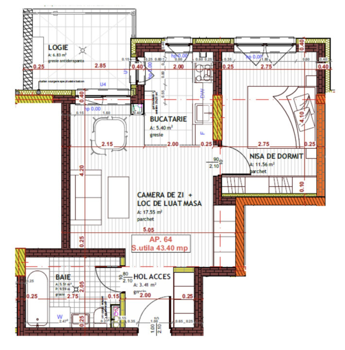 Apartament de 2 camere, 43.4 mp, semifinisat, Zona Tineretului