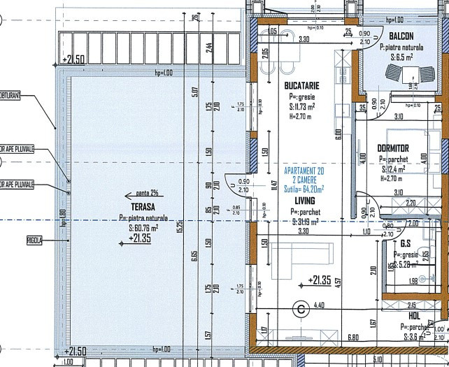 Apartament 2 camere cu terasă spectaculoasă de 60 mp și balcon, spatiu si lumina