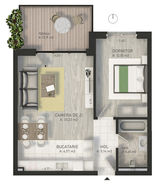 Apartament de 2 camere, 49 mp, terasa, Semifinisat, Marasti