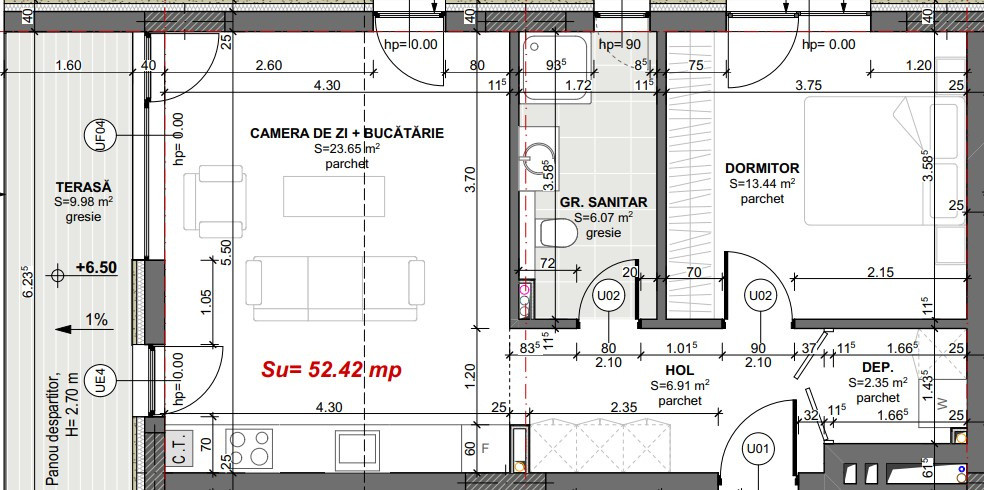 2 camere, 52 mp,  – parțial finisat, perfect de amenajat