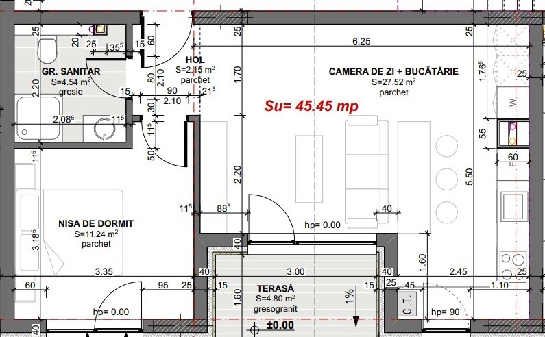 2 camere, 45mp  – parțial finisat, perfect de amenajat