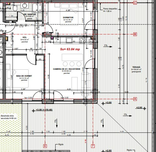 3 camere + terasă 100mp, apartament parțial finisat