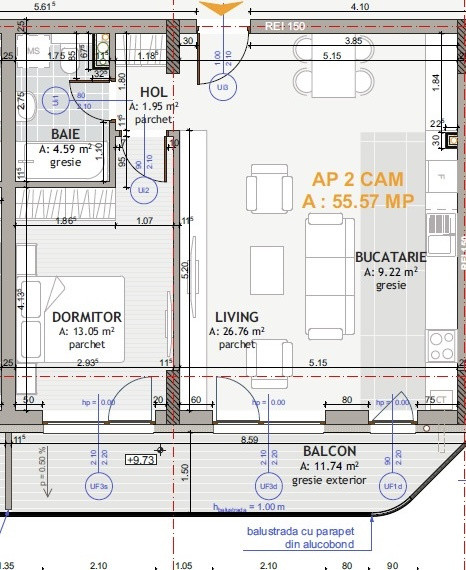 Apartament 2 camere, semidecomandat, semifinisat, 55,57 mp , zona Eroilor 