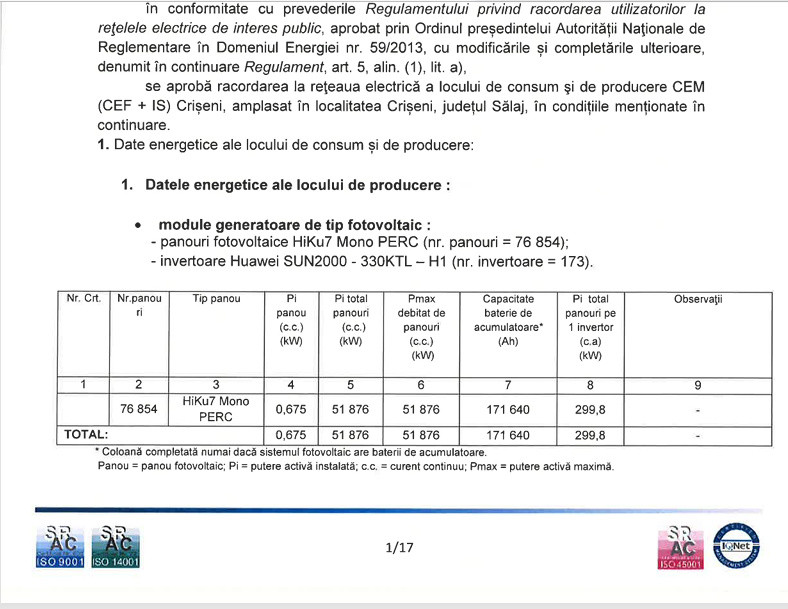 PARC FOTOVOLTAIC 52MW CRISENI (SALAJ) ATR DISPONIBIL 