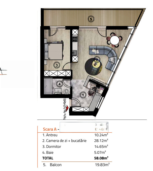 Apartament 2 camere, 58 mp, semifinisat, terasa 20 mp, zona Soporului
