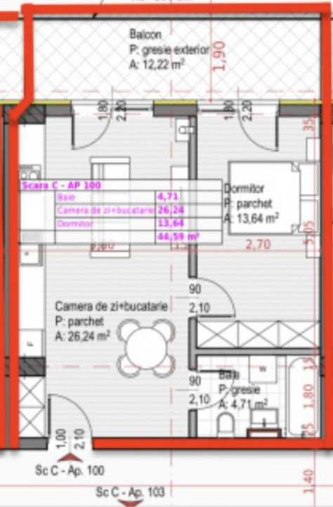 Apartament cu 2 camere, 44,59 mp, semifinisat, balcon 12 mp, Zona Soporului