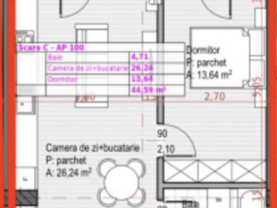 Apartament cu 2 camere, 44,59 mp, semifinisat, balcon 12 mp, Zona Soporului