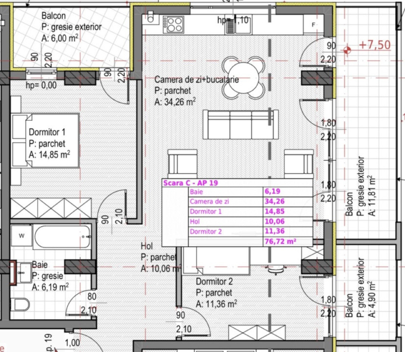 Apartament cu 3 camere de 76,72mp, pe strada Soporului